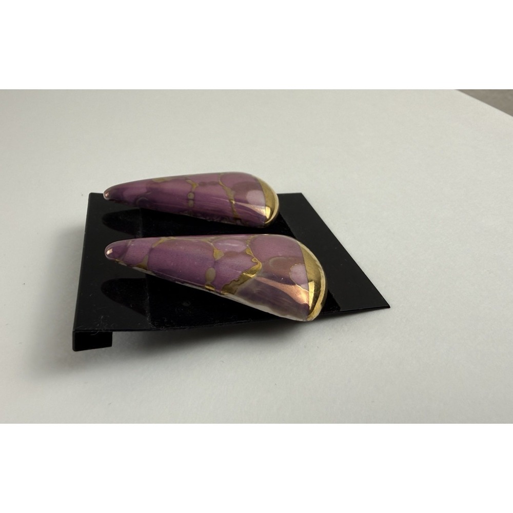 Vintage 80s Pink Gold Marbled Ceramic Triangle Statement Pierced Retro Earrings - Picture 6 of 9